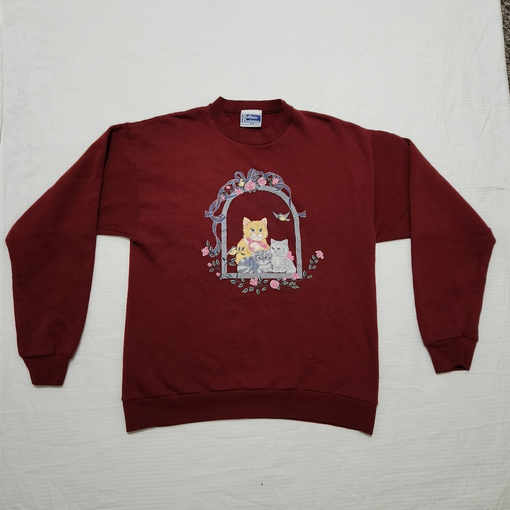 Vintage Adult Morning Sun Cat Crewneck Sweater Sz L Cute Cottage Cozy Grannycore
